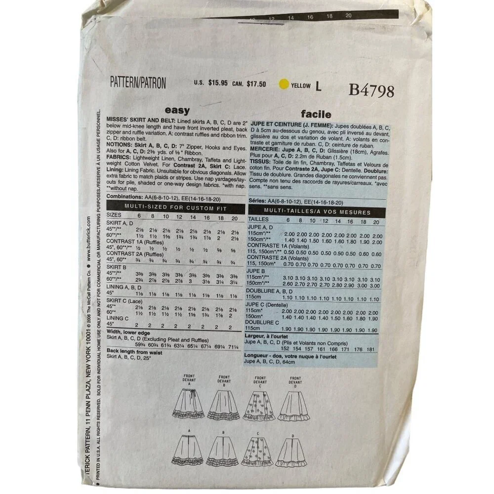 Butterick Sewing Pattern 798 Skirt and Belt Misses Size‎ 14-20